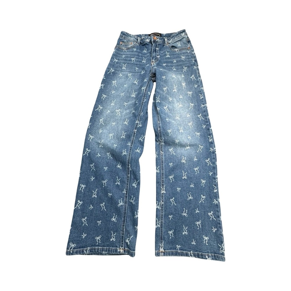 Tinseltown Jeans Womens 5/27 Blue Bow Print Wide Leg High Rise MYB032159A Denim‎